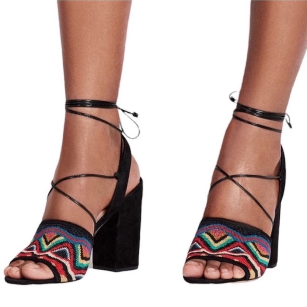 VALENTINO GARAVANI Black Suede Tribal Beaded Lace Up Block Heel Sandals Size 40